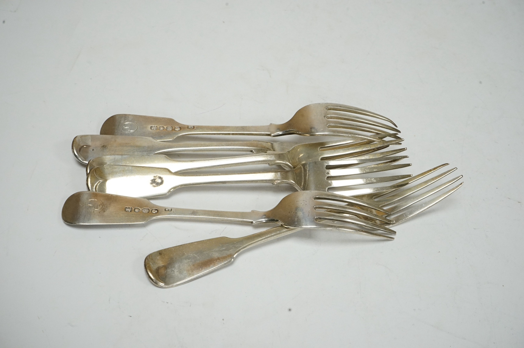 A set six Victorian silver fiddle pattern dessert forks, A.B. Savory & Sons, London, 1856, 9.6oz. Condition - poor